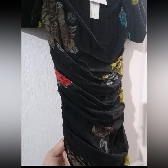 Ganni black ruched floral print stretch mesh dress - Picture 6 of 9